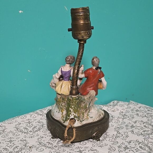 Antique Victorian Porcelain Lamp Courting Couple Sheep Grapes Boudoir Brass - Picture 6 of 11